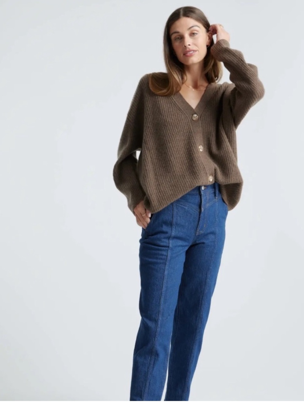 Quince Mongolian Cashmere Oversized Boyfriend Cardigan Sweater Brown XS - Picture 2 of 16